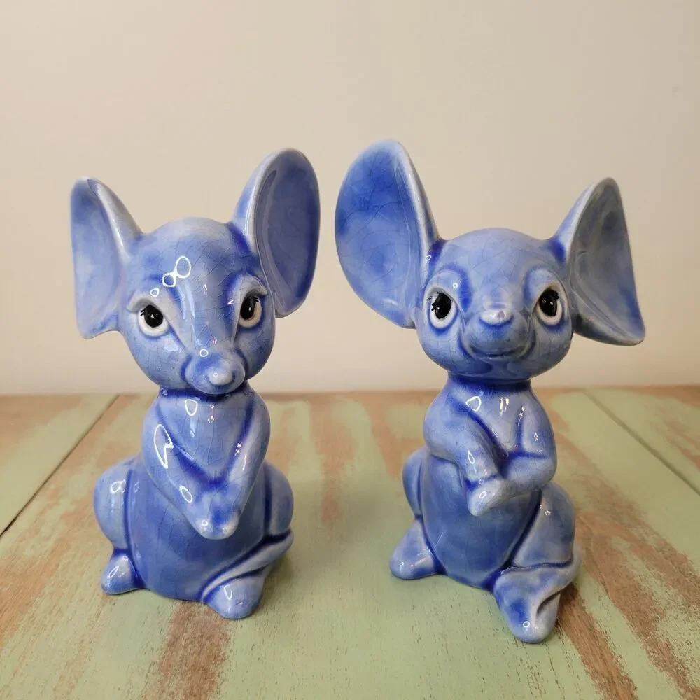 Blue Mouse Ceramic Figurine Pair